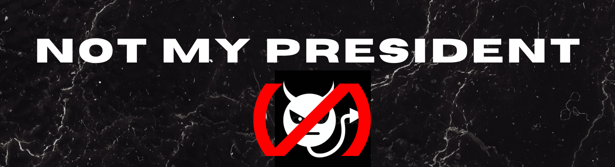 Bumper sticker, 'Not my president', icon of Devil, red crossout, blk marble bkgrnd