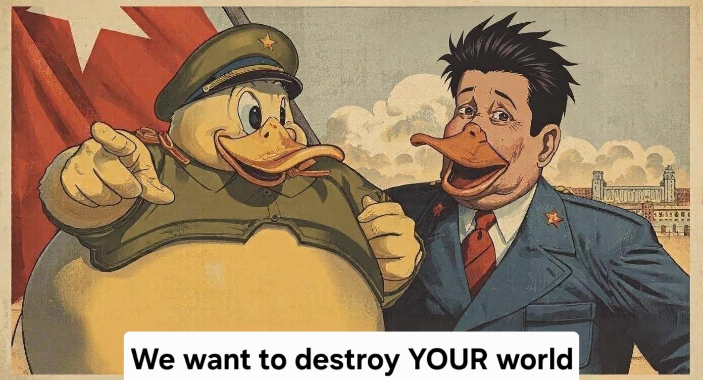 Drawing of large duck and partner half duck, political satire, ver2