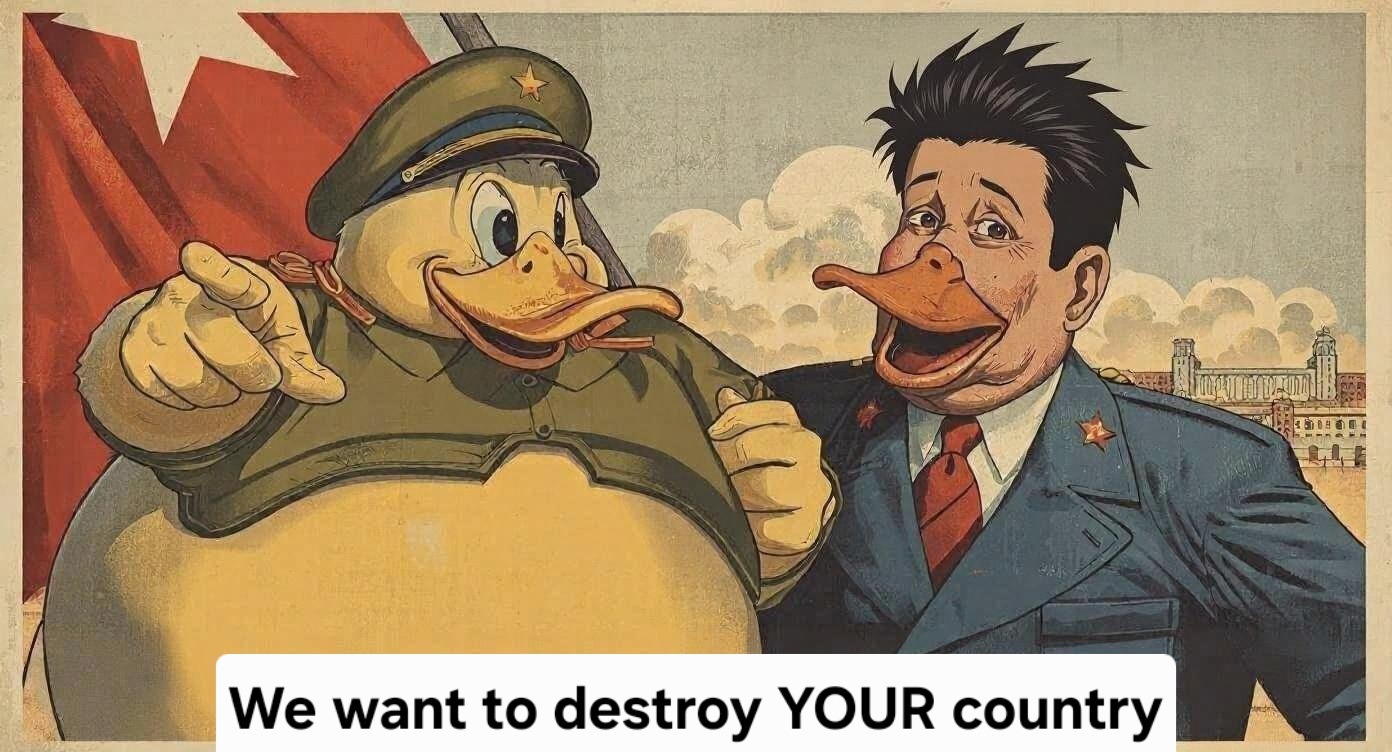 Drawing of large duck and partner half duck, political satire